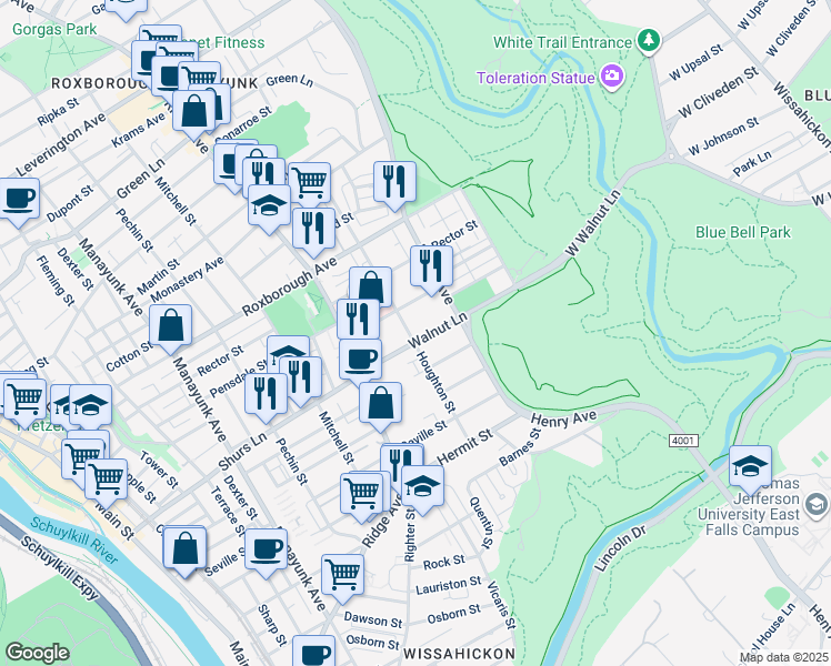 map of restaurants, bars, coffee shops, grocery stores, and more near 601 Walnut Lane in Philadelphia