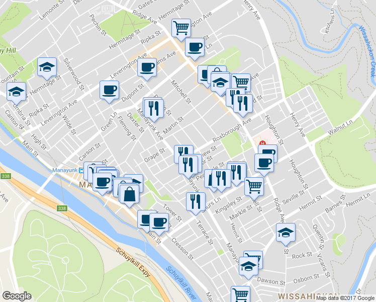map of restaurants, bars, coffee shops, grocery stores, and more near 309 Roxborough Avenue in Philadelphia