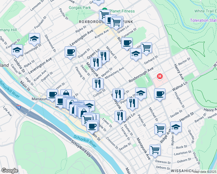map of restaurants, bars, coffee shops, grocery stores, and more near 254 Roxborough Avenue in Philadelphia