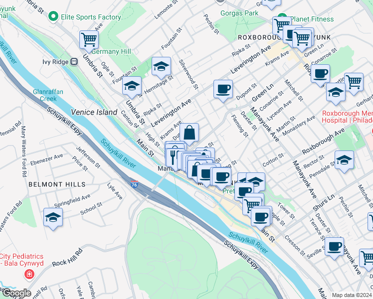 map of restaurants, bars, coffee shops, grocery stores, and more near in Philadelphia