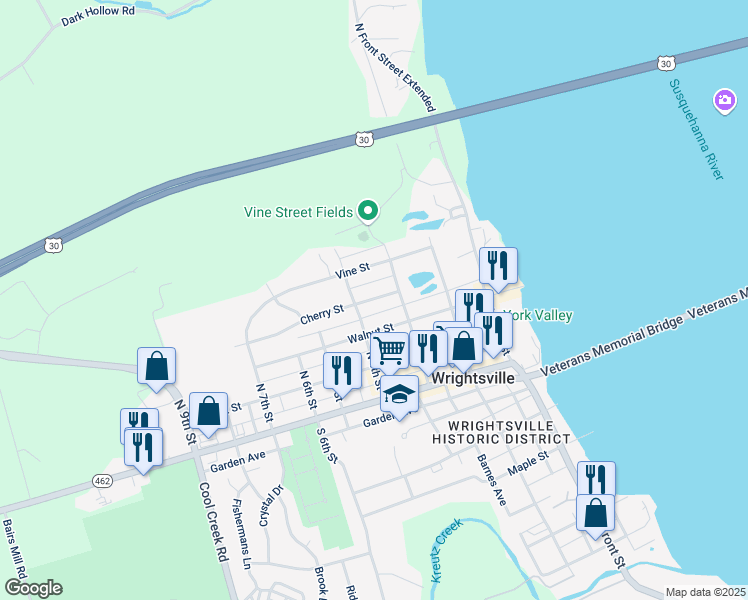 map of restaurants, bars, coffee shops, grocery stores, and more near 306 North 4th Street in Wrightsville