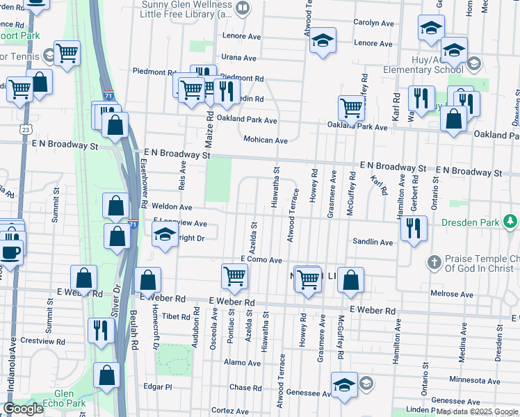 map of restaurants, bars, coffee shops, grocery stores, and more near 3033 Hiawatha Street in Columbus