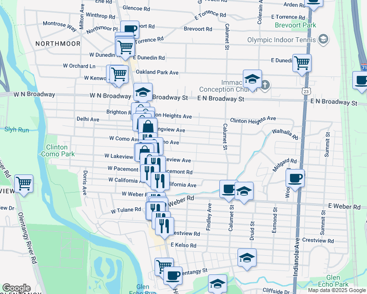 map of restaurants, bars, coffee shops, grocery stores, and more near 110 East Lakeview Avenue in Columbus