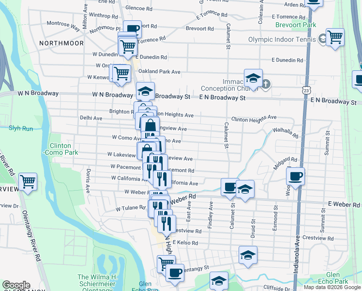 map of restaurants, bars, coffee shops, grocery stores, and more near 110 East Lakeview Avenue in Columbus