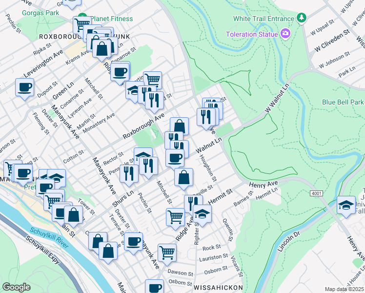 map of restaurants, bars, coffee shops, grocery stores, and more near 530 Walnut Lane in Philadelphia