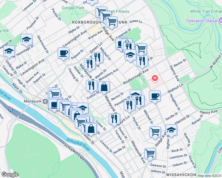 map of restaurants, bars, coffee shops, grocery stores, and more near 328 Roxborough Avenue in Philadelphia