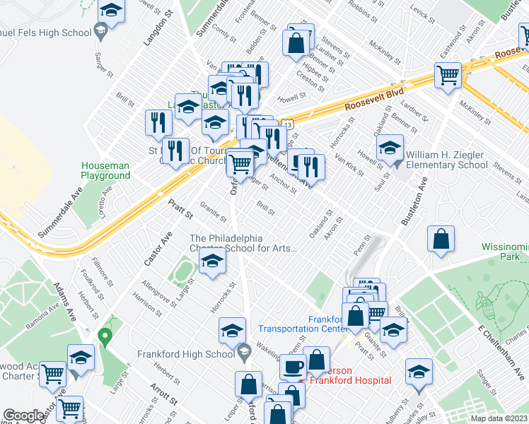 map of restaurants, bars, coffee shops, grocery stores, and more near 1136 Brill Street in Philadelphia