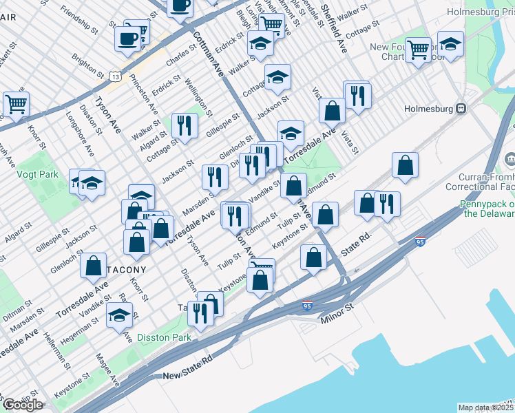map of restaurants, bars, coffee shops, grocery stores, and more near 7154 Hegerman Street in Philadelphia
