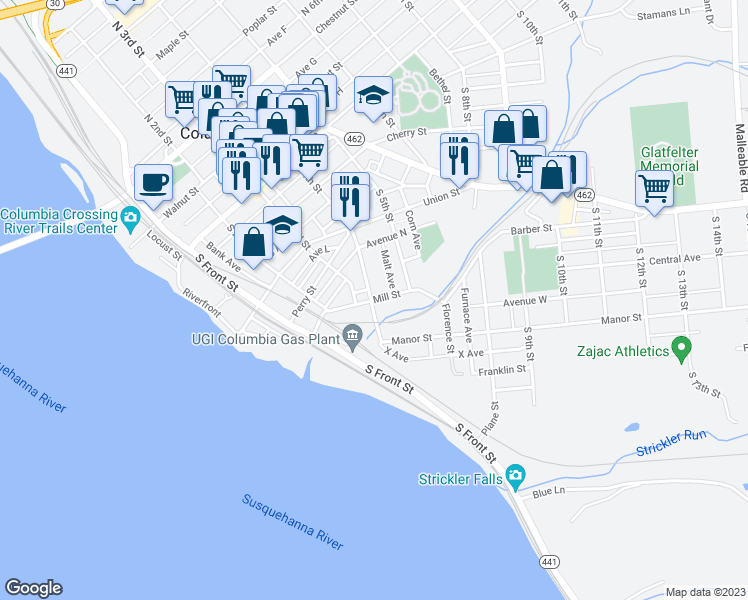 map of restaurants, bars, coffee shops, grocery stores, and more near 401 Mill Street in Columbia