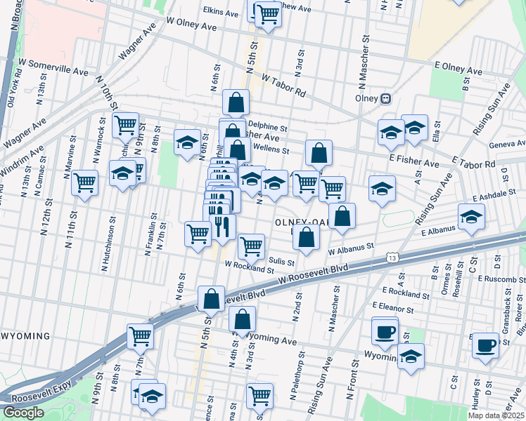 map of restaurants, bars, coffee shops, grocery stores, and more near 5047 North 4th Street in Philadelphia
