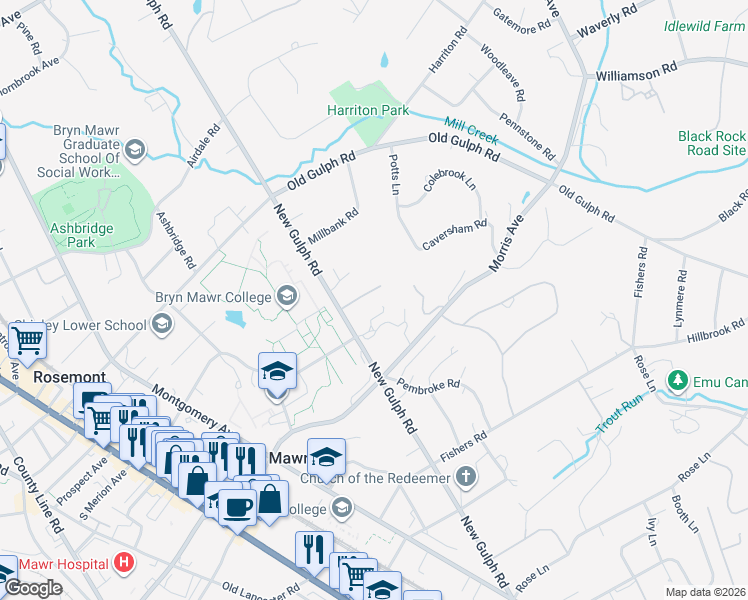 map of restaurants, bars, coffee shops, grocery stores, and more near 725 New Gulph Road in Bryn Mawr