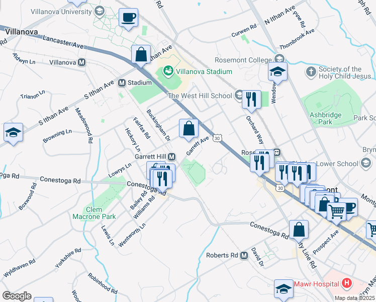 map of restaurants, bars, coffee shops, grocery stores, and more near 54 Garrett Avenue in Bryn Mawr