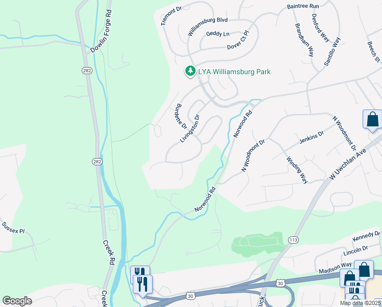 map of restaurants, bars, coffee shops, grocery stores, and more near 941 Burdette Drive in Downingtown