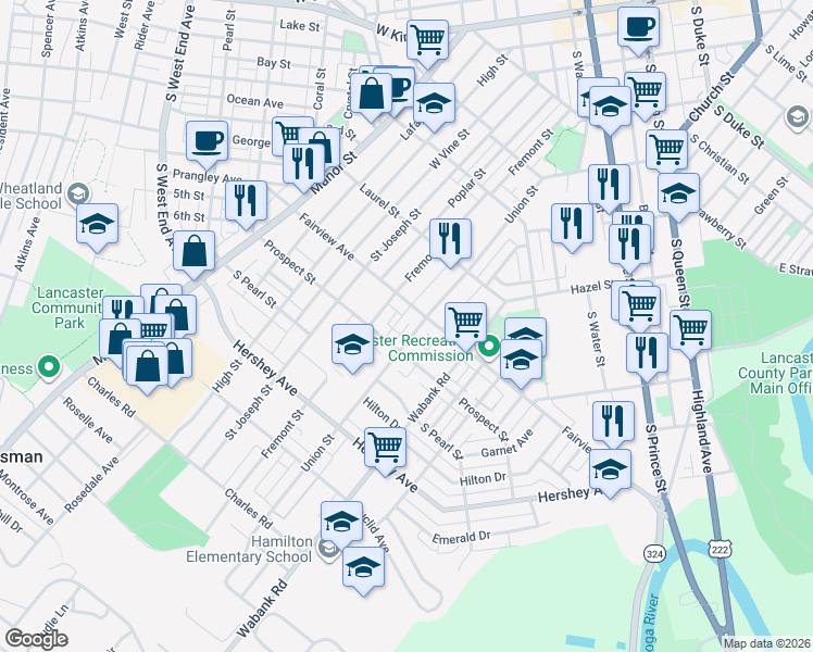 map of restaurants, bars, coffee shops, grocery stores, and more near 901 Union Street in Lancaster