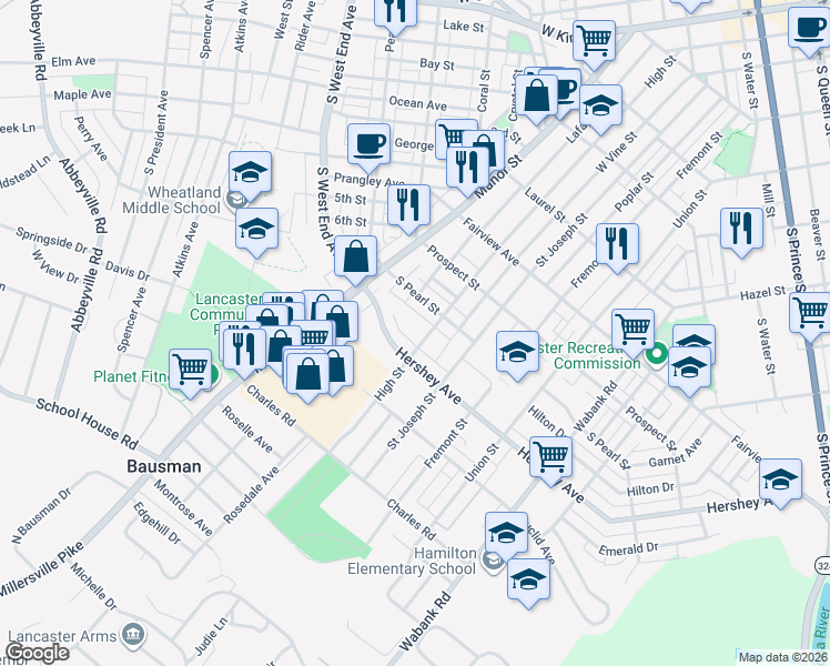 map of restaurants, bars, coffee shops, grocery stores, and more near 97 Hershey Avenue in Lancaster