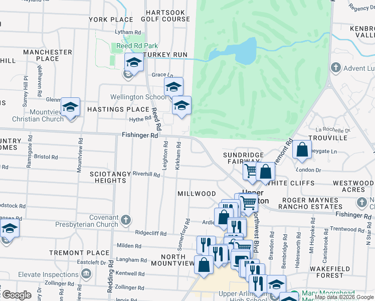 map of restaurants, bars, coffee shops, grocery stores, and more near 1808 Merriweather Drive in Columbus