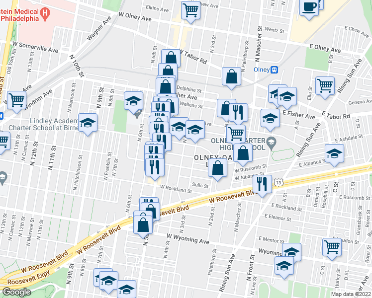 map of restaurants, bars, coffee shops, grocery stores, and more near 5047 North 4th Street in Philadelphia
