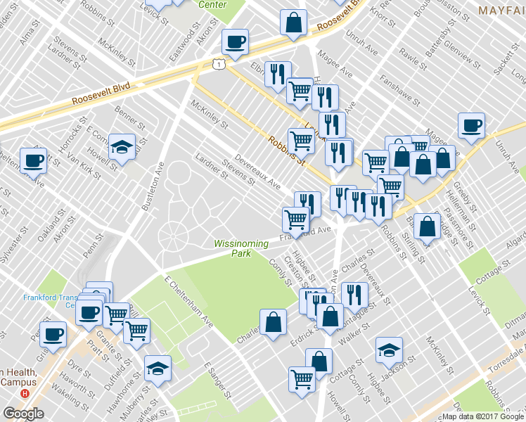 map of restaurants, bars, coffee shops, grocery stores, and more near 2839 Benner Street in Philadelphia