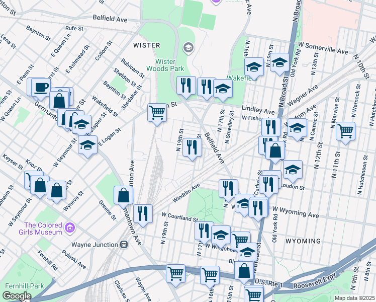 map of restaurants, bars, coffee shops, grocery stores, and more near 1821 Glenifer Street in Philadelphia