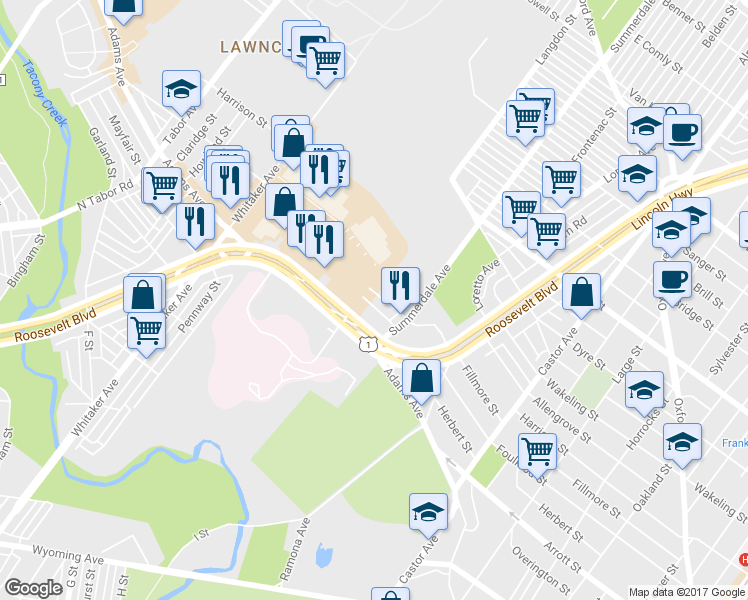 map of restaurants, bars, coffee shops, grocery stores, and more near 852 Foulkrod St in Philadelphia