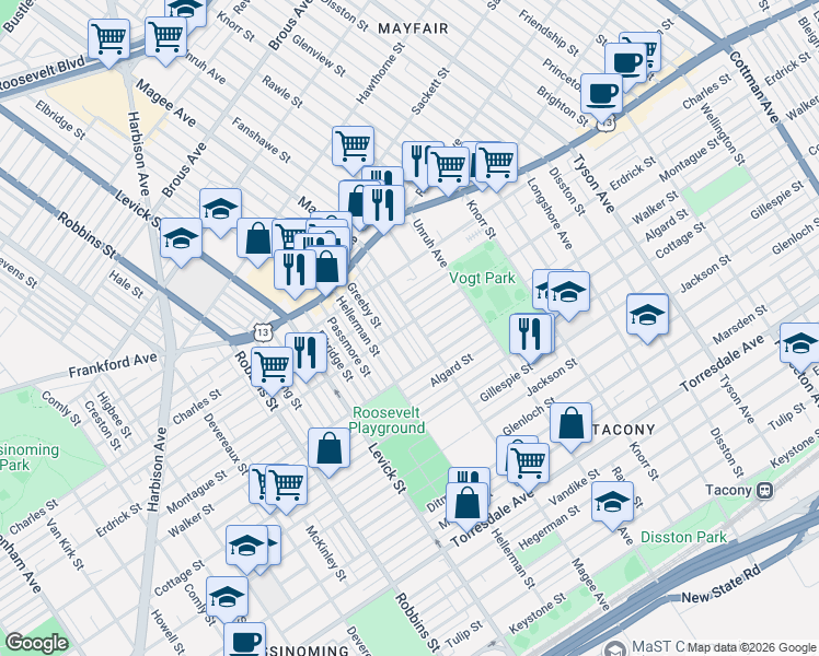 map of restaurants, bars, coffee shops, grocery stores, and more near 4238 Magee Avenue in Philadelphia