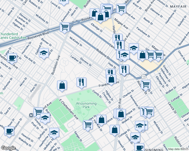 map of restaurants, bars, coffee shops, grocery stores, and more near 2839 Benner Street in Philadelphia