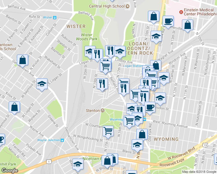 map of restaurants, bars, coffee shops, grocery stores, and more near 4858 North Bouvier Street in Philadelphia