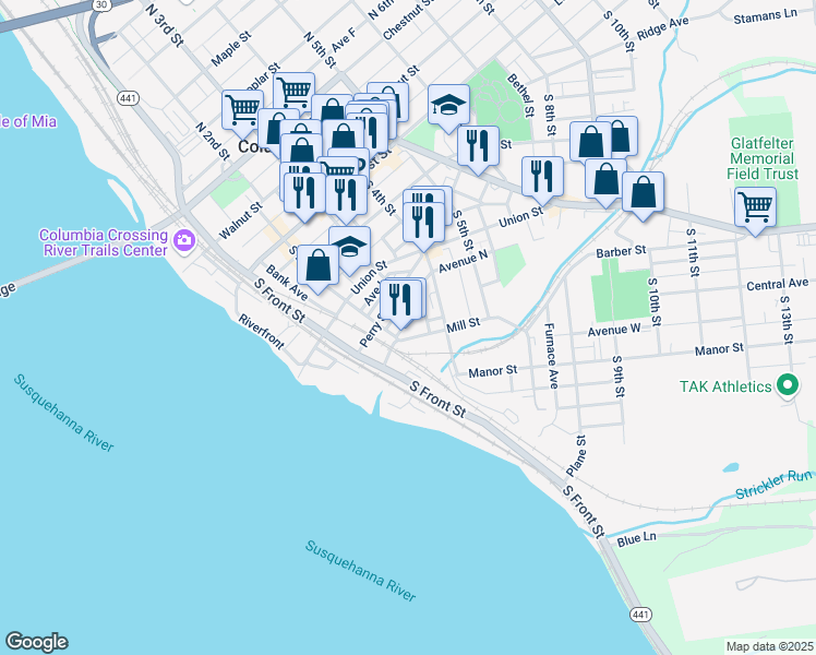 map of restaurants, bars, coffee shops, grocery stores, and more near 218 Lawrence Street in Columbia