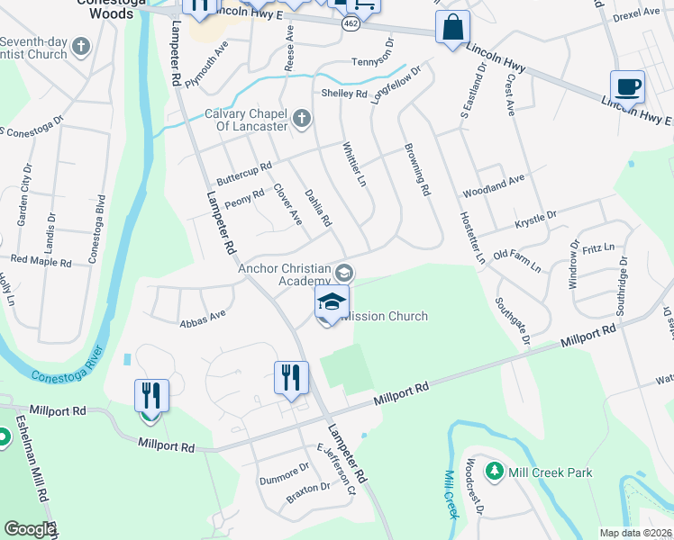 map of restaurants, bars, coffee shops, grocery stores, and more near 530 Milton Road in Lancaster
