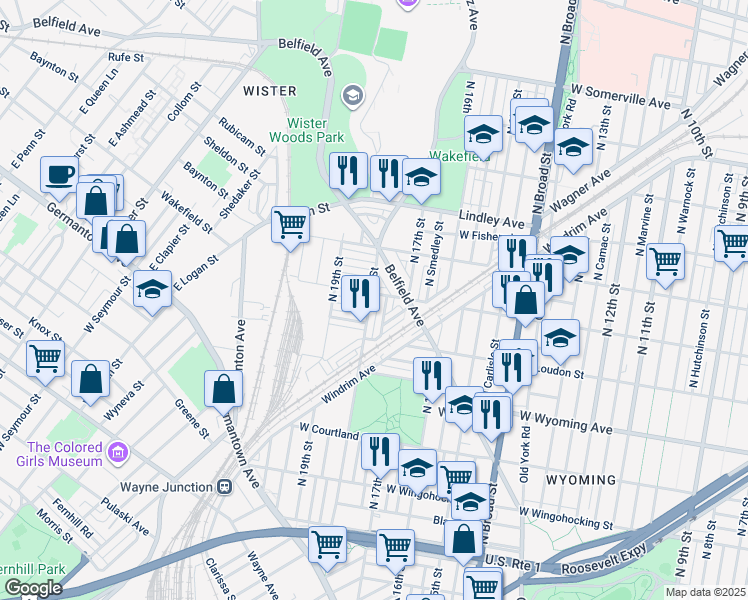 map of restaurants, bars, coffee shops, grocery stores, and more near 4859 North 18th Street in Philadelphia