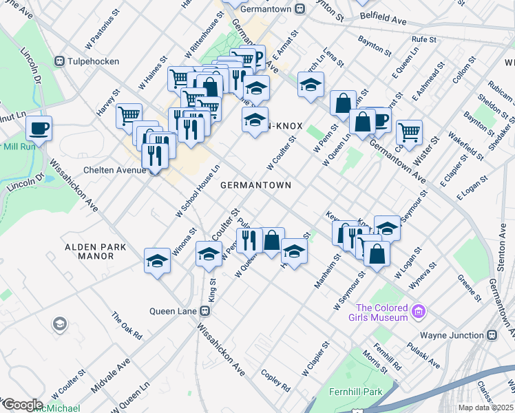 map of restaurants, bars, coffee shops, grocery stores, and more near 223 West Penn Street in Philadelphia