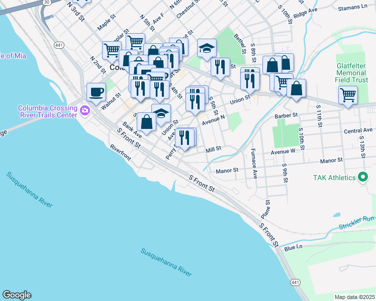 map of restaurants, bars, coffee shops, grocery stores, and more near 218 Lawrence Street in Columbia