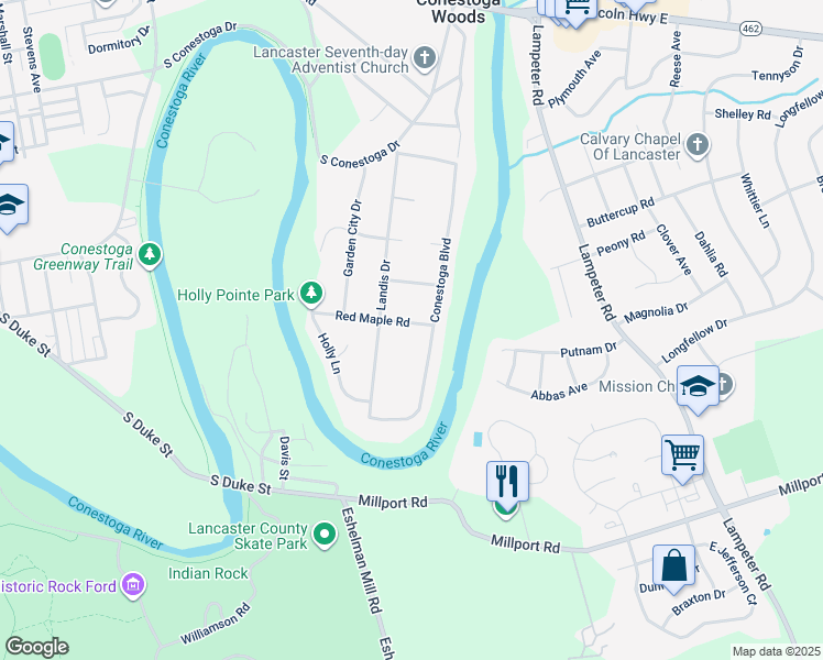 map of restaurants, bars, coffee shops, grocery stores, and more near 16 Red Maple Road in Lancaster