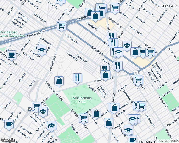 map of restaurants, bars, coffee shops, grocery stores, and more near 2837 Benner Street in Philadelphia