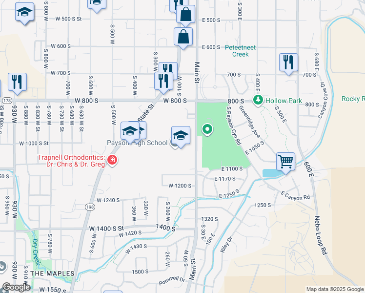 map of restaurants, bars, coffee shops, grocery stores, and more near 1050 South Main Street in Payson