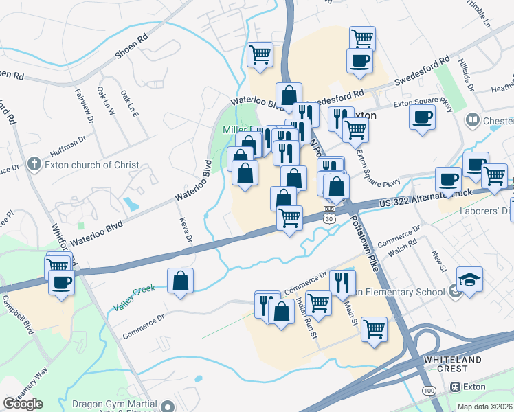 map of restaurants, bars, coffee shops, grocery stores, and more near in Exton