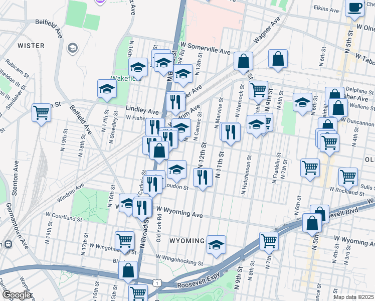 map of restaurants, bars, coffee shops, grocery stores, and more near 4907 North Camac Street in Philadelphia
