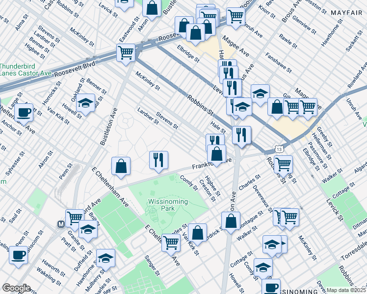 map of restaurants, bars, coffee shops, grocery stores, and more near 2837 Benner Street in Philadelphia