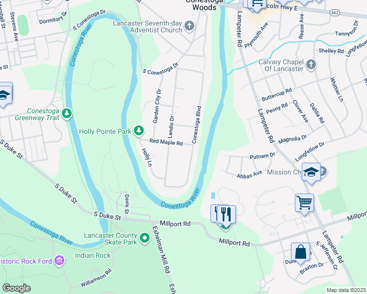 map of restaurants, bars, coffee shops, grocery stores, and more near 16 Red Maple Road in Lancaster
