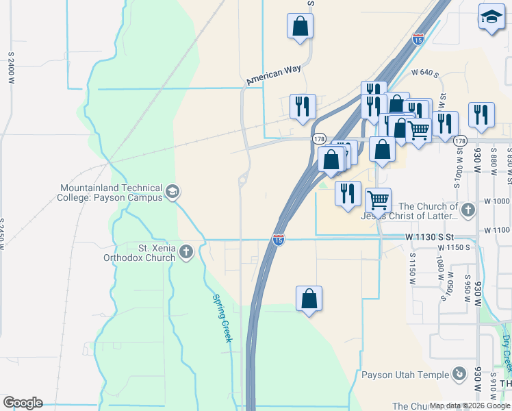 map of restaurants, bars, coffee shops, grocery stores, and more near 1045 South 1700 West in Payson