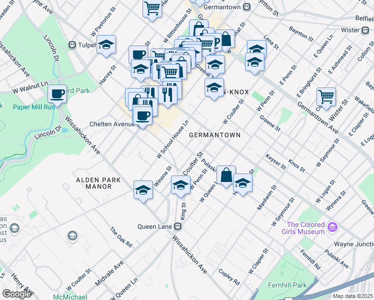 map of restaurants, bars, coffee shops, grocery stores, and more near 300 Winona Street in Philadelphia
