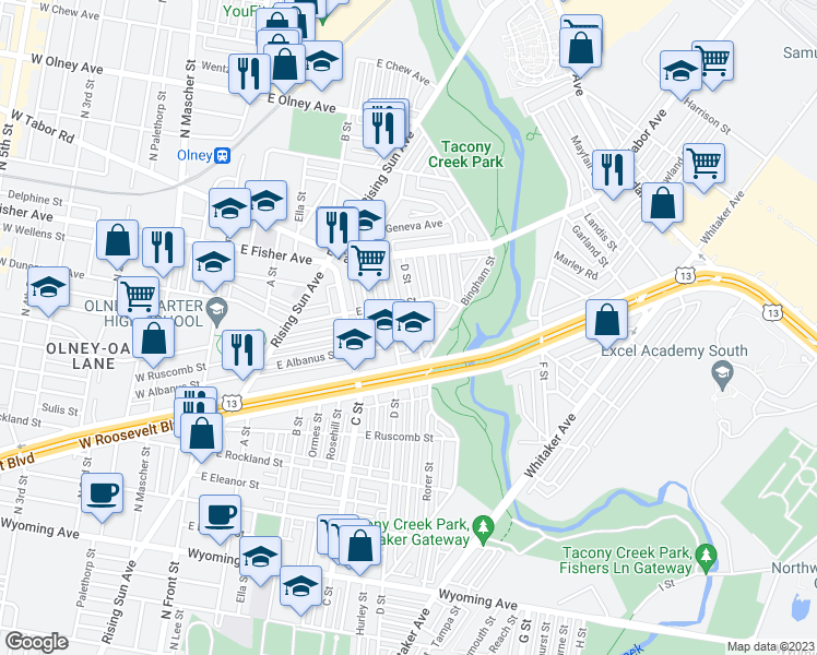 map of restaurants, bars, coffee shops, grocery stores, and more near 5140 D Street in Philadelphia