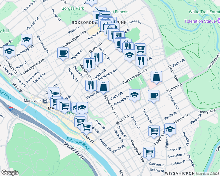 map of restaurants, bars, coffee shops, grocery stores, and more near 328 Roxborough Avenue in Philadelphia