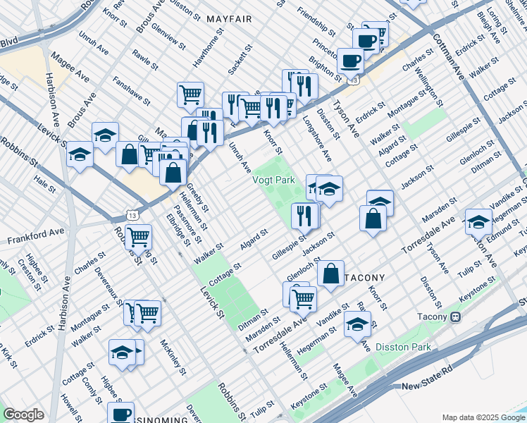 map of restaurants, bars, coffee shops, grocery stores, and more near 6644 Walker Street in Philadelphia