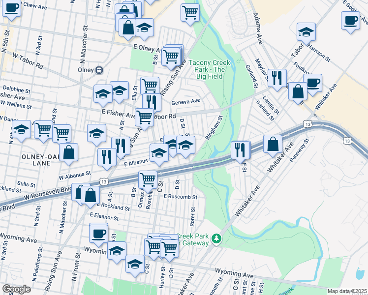 map of restaurants, bars, coffee shops, grocery stores, and more near 5140 D Street in Philadelphia