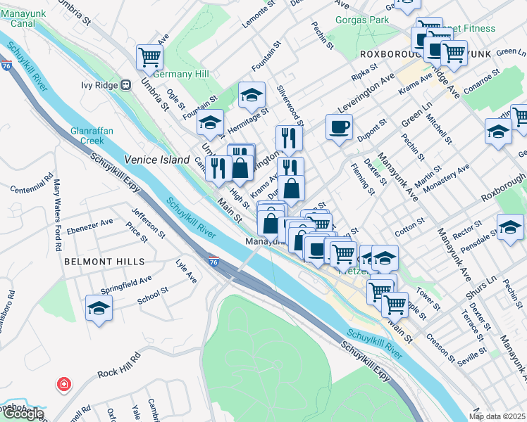 map of restaurants, bars, coffee shops, grocery stores, and more near 4534 Baker Street in Philadelphia