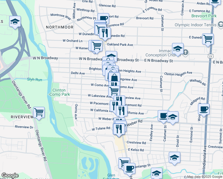 map of restaurants, bars, coffee shops, grocery stores, and more near 3245 North High Street in Columbus