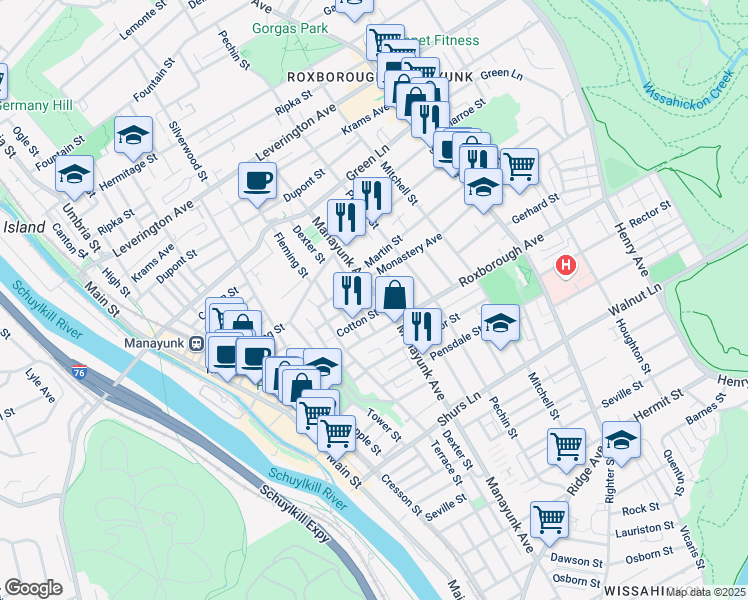 map of restaurants, bars, coffee shops, grocery stores, and more near 4324 Manayunk Avenue in Philadelphia