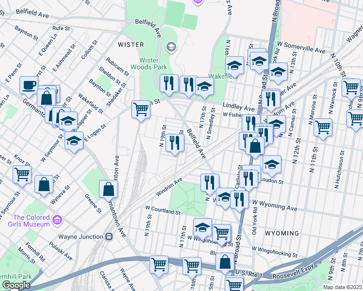 map of restaurants, bars, coffee shops, grocery stores, and more near 4859 North 18th Street in Philadelphia
