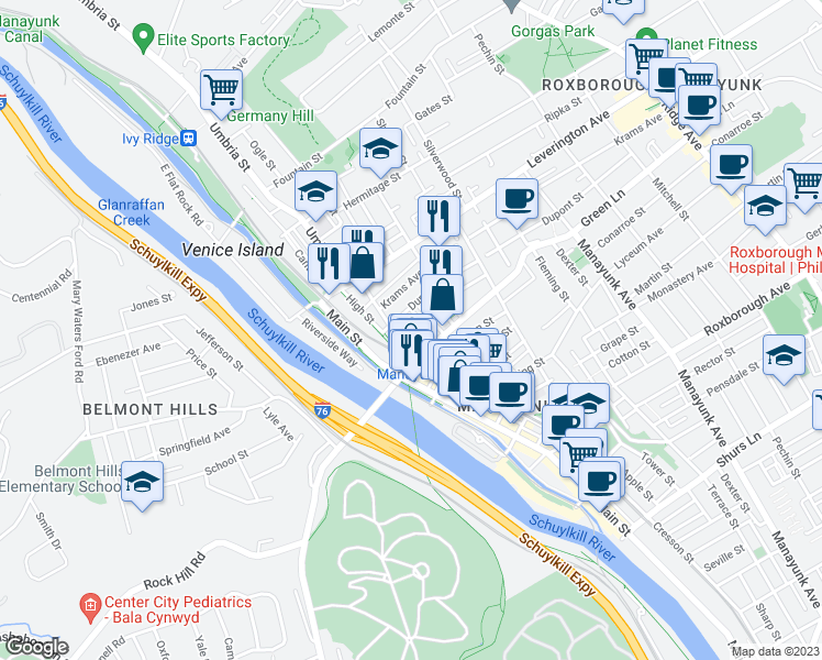 map of restaurants, bars, coffee shops, grocery stores, and more near 4519 Baker Street in Philadelphia